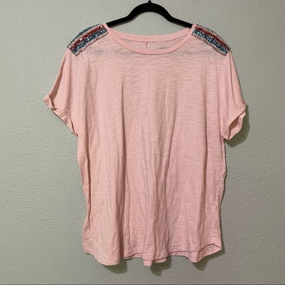Lane Bryant Pink Short Sleeve Sequined Shoulder Tee Shirt 18/20 Boho Casual - Picture 1 of 9